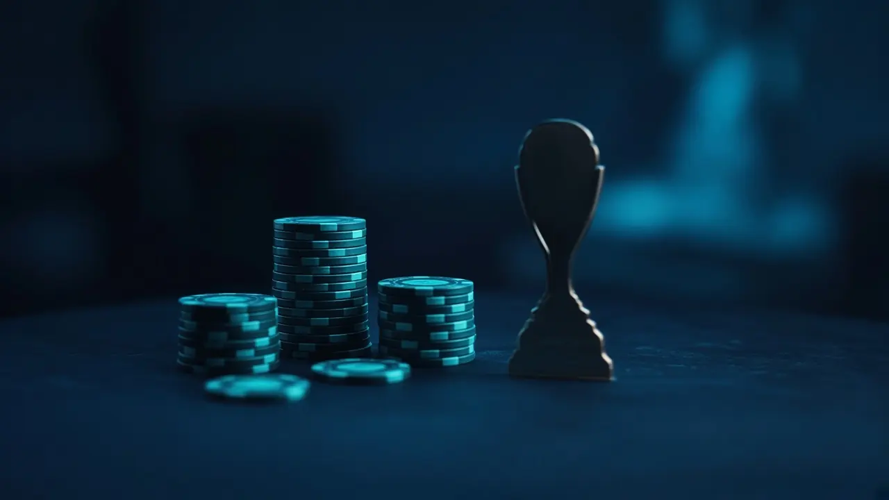 Chips und eine kleine Trophäe in blauem Licht