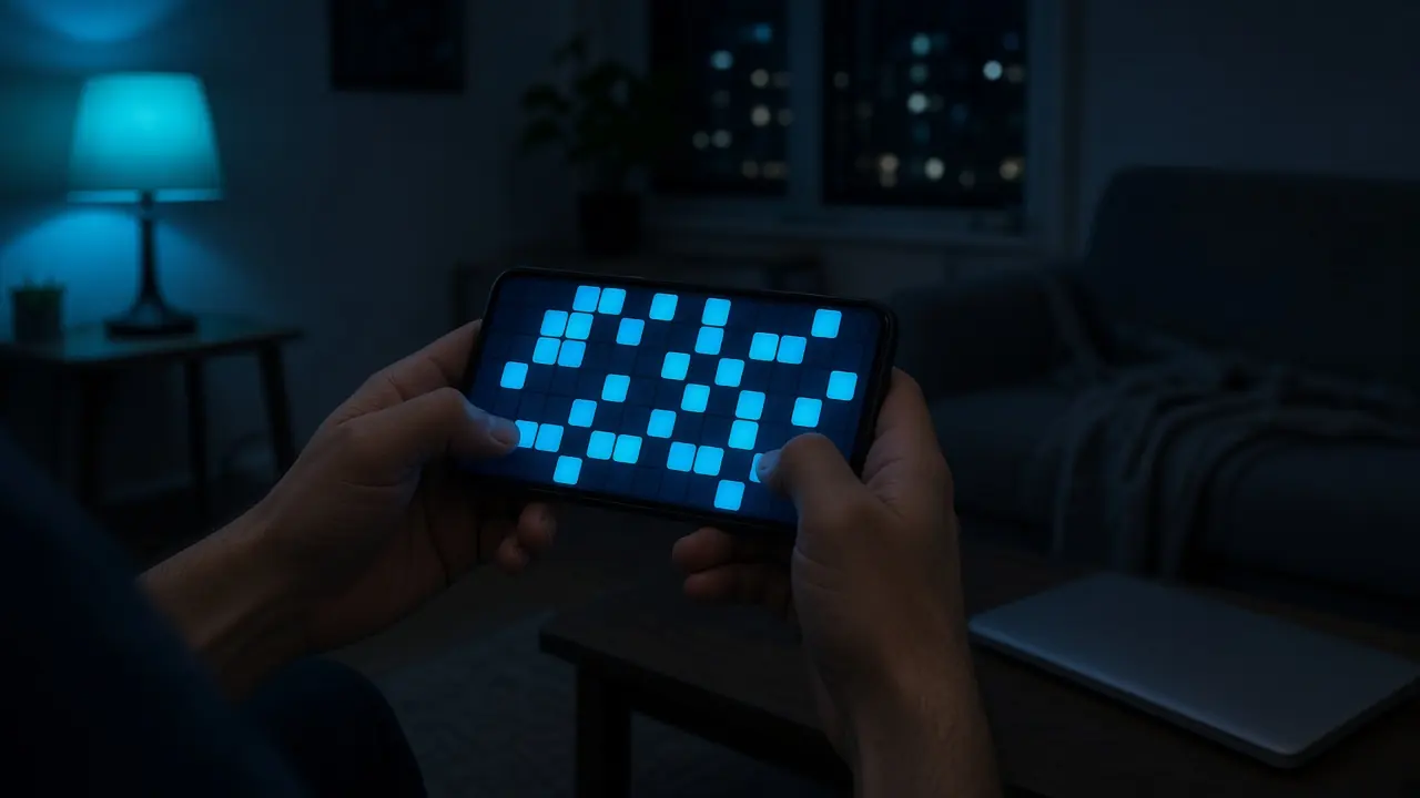 Hände halten ein Handy mit einem Spielraster