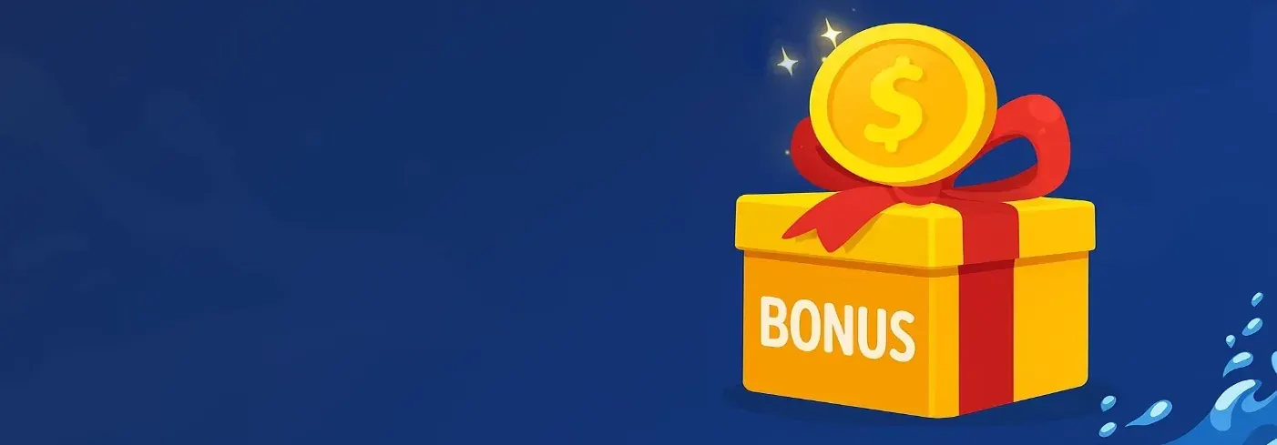 Geschenkbox und eine Münze auf blauem Grund