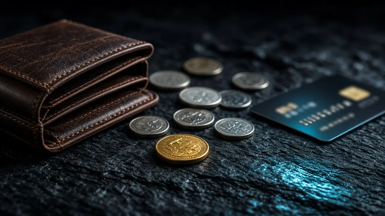 Wallet, Münzen und eine Karte auf schwarzem Stein