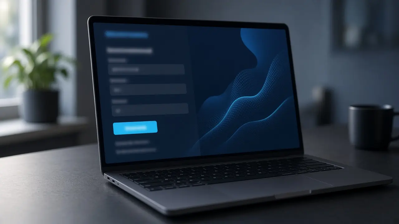 Laptop mit einer Registrierungsansicht auf einem dunklen Tisch