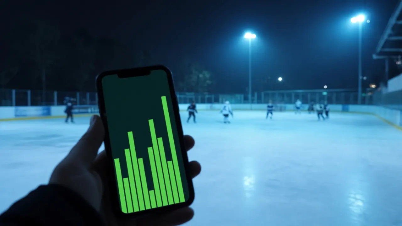 Eishockeybahn bei Nacht mit einem Handy im Vordergrund