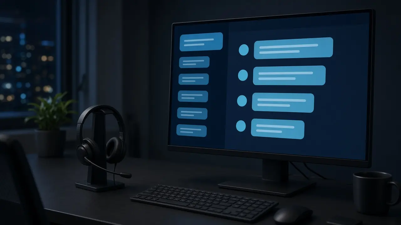 Headset und ein Monitor mit einem Chatfenster
